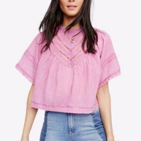 Free people pink lace fringe top batwing XS - Picture 3 of 6